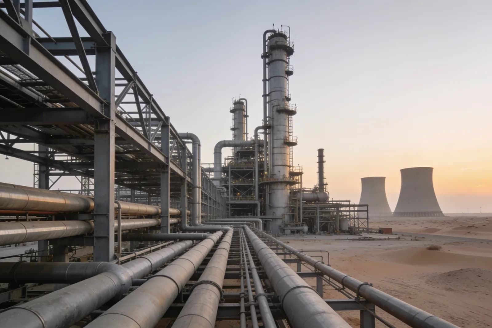 Pipe racks and distillation columns at a desert petrochemical plant at dawn