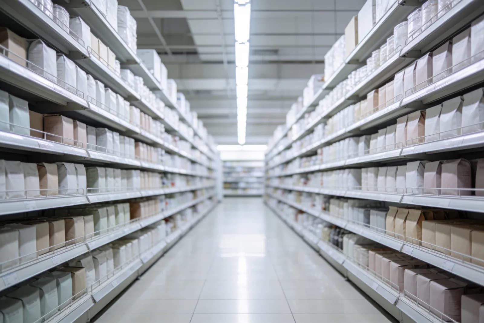 A supermarket aisle stocked with fast-moving consumer goods