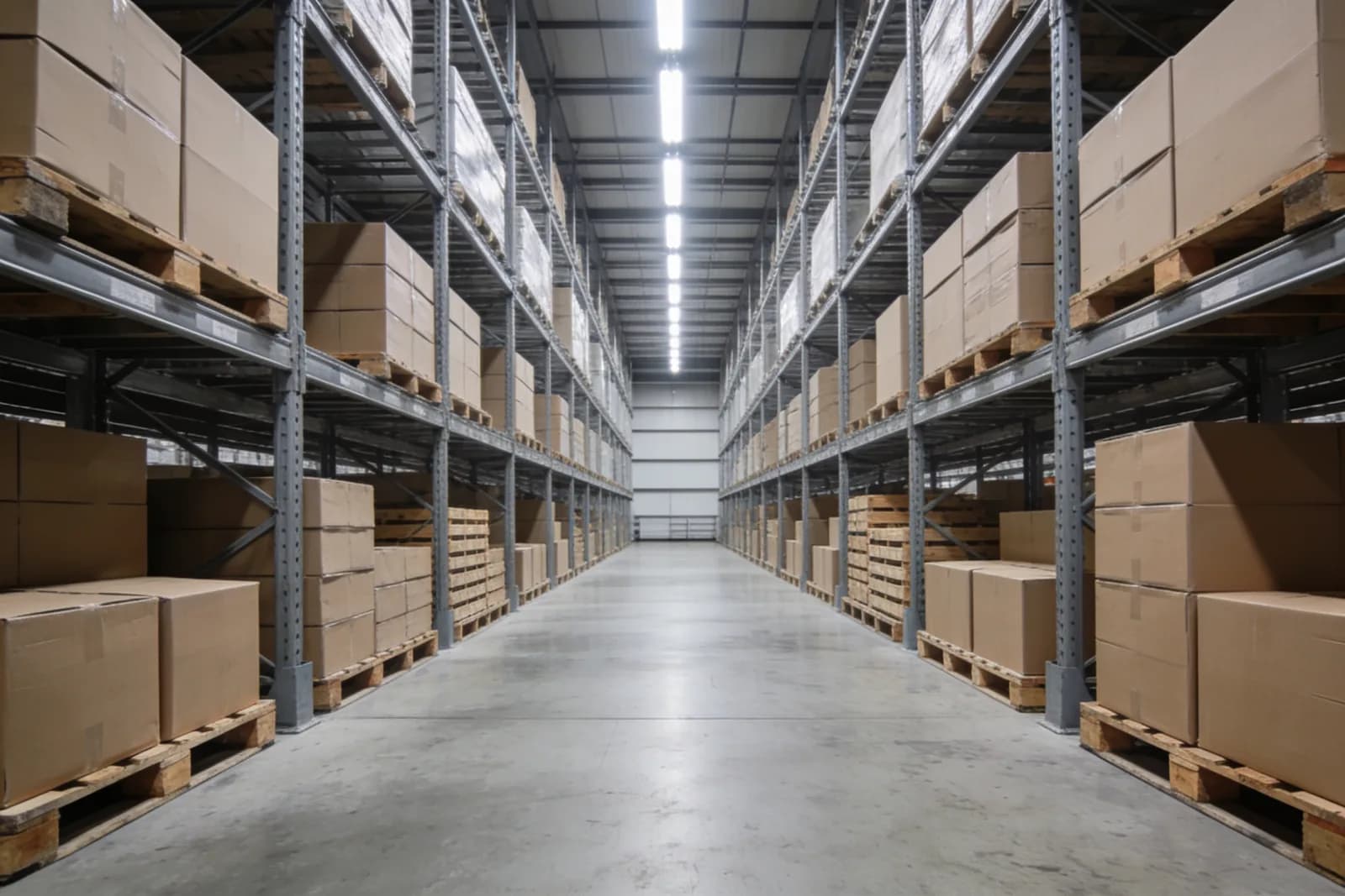 Pallet racking receding down the aisle of a distribution warehouse