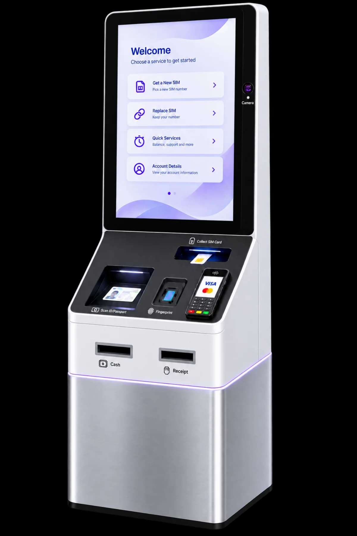 Amthal self-service SIM dispensing kiosk: ID and passport scanner, fingerprint reader, card terminal, cash acceptor and SIM collection slot