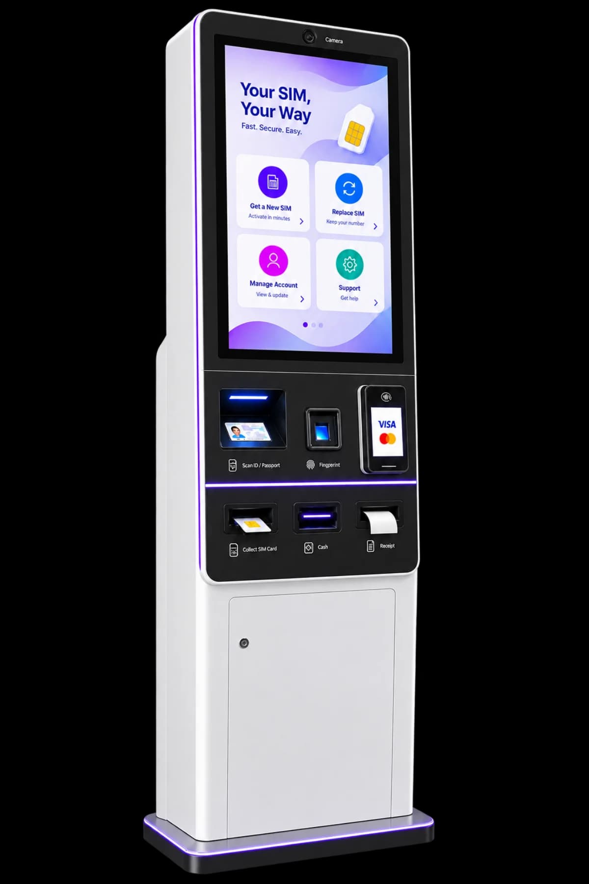 Amthal self-service SIM dispensing kiosk: ID scanner, fingerprint reader, card terminal and SIM collection slot